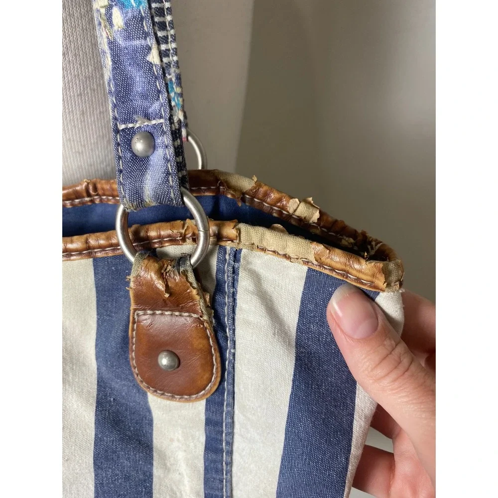 Unionbay Vintage 90s Y2K Floral Stripe Canvas Tote Bag Blue White Mixed Media